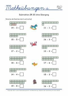 Subtraktion ZR 20 Übungen Mathe 1. Klasse