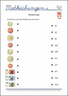 Geldbeträge bestimmen  - Arbeitsblätter MAthe 1. Klasse