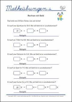 Rechnen mit Geld - Arbeitsblätter Mathe 1. Klasse