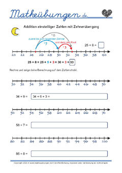 Addition einer einstelligen Zahl mit Übergang - Arbeitsblätter