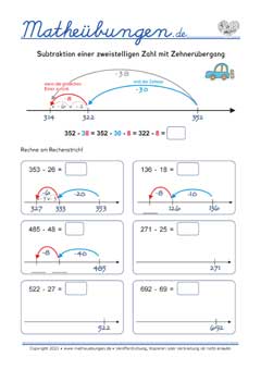 Subtraktion mit Zehnerübergang (HZE-ZE) - Arbeitsblätter Mathe 3. Klasse