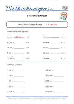 Uhrzeit ablesen, Zeitdauer - Mathe Arbeitsblätter 3. Klasse