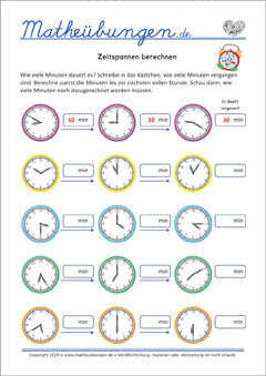 Zeitspannen berechnen - Mathe Arbeitsblätter 3. Klasse