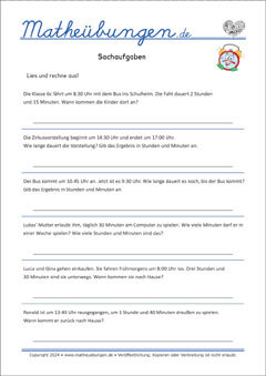 Uhrzeit Sachaufgaben  - Mathe Arbeitsblätter 3. Klasse