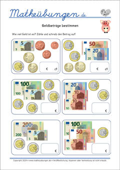 Geldbeträge bestimmen - Mathe Arbeitsblätter 3. Klasse
