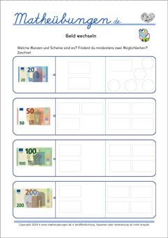Rechnen mit Geld - Mathe Arbeitsblätter 3. Klasse