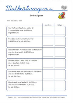Rechnen mit Geld - Sachaufgaben - Mathe Arbeitsblätter 3. Klasse