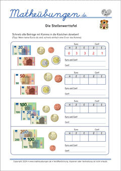 Geld - Stellenwerttafel - Mathe Arbeitsblätter 3. Klasse