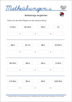 Geldbeträge vergleichen - Mathe Arbeitsblätter 3. Klasse