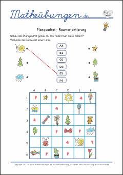 Planquadrat - Raumorientierung  - Mathe-Übungen für Grundschulkinder