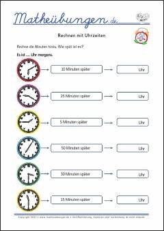 Zeitdauer, Rechnen mit Uhrzeiten - Arbeitsblätter 2. Klasse