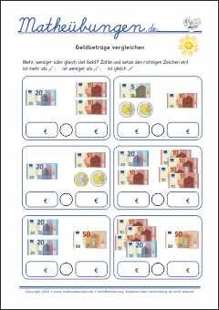 Rechnen mit Geld- Arbeitsblätter Mathe 2. Klasse