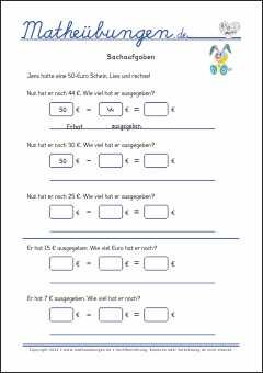 Rechnen mit Geld - Sachaufgaben - Arbeitsblätter Mathe 2. Klasse