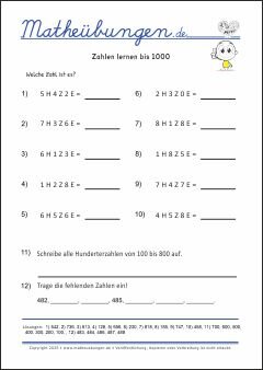 Zahlen lernen bis 1000 - Mathe Übungen mit Lösungen Grundschule 3. Klasse