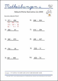 Halbschriftliche Subtraktion bis 1000 - Mathe Übungen mit Lösungen Grundschule 3. Klasse