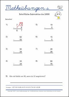 Schriftliche Subtraktion - Mathe Übungen mit Lösungen Grundschule 3. Klasse