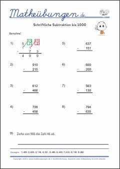 Schriftliche Subtraktion - Mathe Übungen mit Lösungen Grundschule 3. Klasse