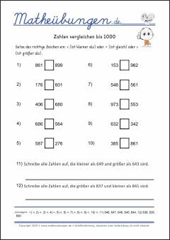 Zahlen vergleichen bis 1000 - Mathe Übungen mit Lösungen Grundschule 3. Klasse