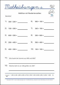 Addition mit Hunderterzahlen - Mathe Übungen mit Lösungen Grundschule 3. Klasse