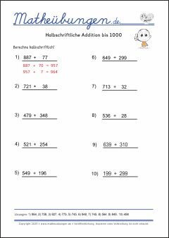 Halbschriftliche Addition bis 1000 - Mathe Übungen mit Lösungen Grundschule 3. Klasse