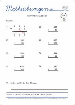 Schriftliche Addition - Mathe Übungen mit Lösungen Grundschule 3. Klasse