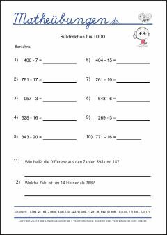Subtraktion bis 1000 - Mathe Übungen mit Lösungen Grundschule 3. Klasse