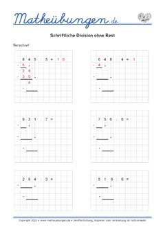 Schriftliches Dividieren mit Rest - Arbeitsblätter