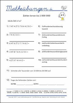 Zahlen lernen bis 1000000 - Mathe Übungen mit Lösungen Grundschule 4. Klasse