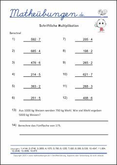 Schriftliche Multiplikation - Mathe Übungen mit Lösungen Grundschule 4. Klasse