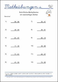 Schriftliche Multiplikation - Mathe Übungen mit Lösungen Grundschule 4. Klasse