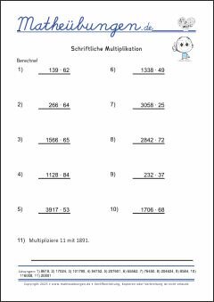 Schriftliche Multiplikation   Mathe-Übungen mit Lösungen