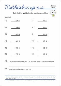 Schriftliche Multiplikation mit Kommazahlen Mathe-Übungen mit Lösungen