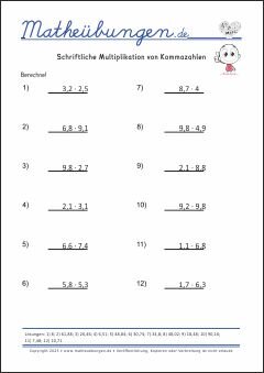Schriftliche Multiplikation mit Kommazahlen Mathe-Übungen mit Lösungen
