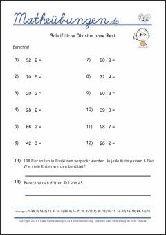 Schriftliche Division ohne Rest  Mathe-Übungen mit Lösungen
