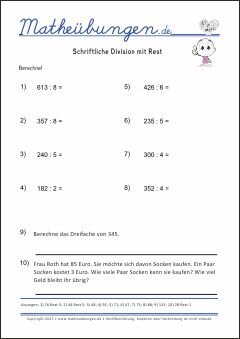 Schriftliche Division mit Rest Mathe-Übungen mit Lösungen 
