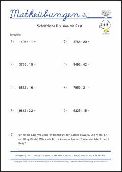 Schriftliche Division mit Rest Mathe-Übungen mit Lösungen