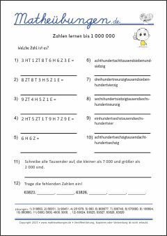 Zahldarstellung - Mathe Übungen mit Lösungen Grundschule 4. Klasse