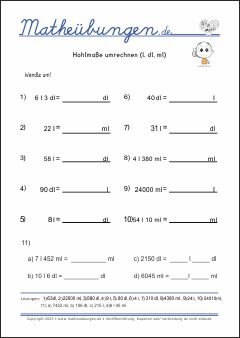 Hohlmaße umrechnen (l, dl, ml) Größen und Maßeinheiten - Mathematik Übungen / Mathe Aufgaben mit Lösungen