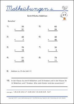 Schriftliche Addition - Mathe Übungen mit Lösungen Grundschule 4. Klasse