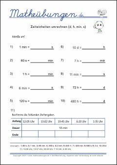 Zeiteinheiten umrechnen (d, h, min, s) Größen und Maßeinheiten - Mathematik Übungen / Mathe Aufgaben mit Lösungen