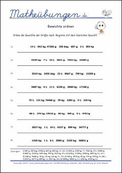 Gewichte ordnen Größen und Maßeinheiten - Mathematik Übungen / Mathe Aufgaben mit Lösungen
