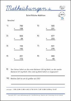 Schriftliche Addition - Mathe Übungen mit Lösungen Grundschule 4. Klasse