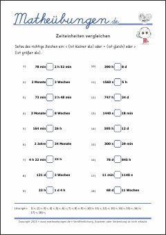 Zeiteinheiten vergleichen Größen und Maßeinheiten - Mathematik Übungen / Mathe Aufgaben mit Lösungen 4. Klasse Grundschule
