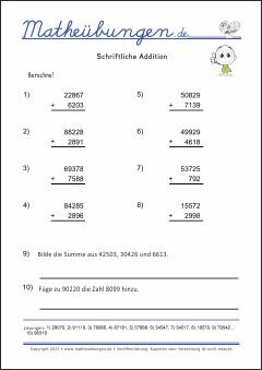 Schriftliche Addition - Mathe Übungen mit Lösungen Grundschule 4. Klasse