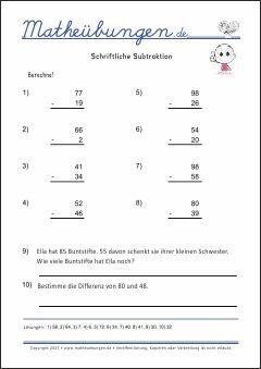 Schriftliche Subtraktion zweistelliger Zahlen - Arbeitsblätter mit Lösungen