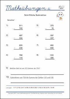 Schriftliche Subtraktion - Mathe Übungen mit Lösungen Grundschule 4. Klasse