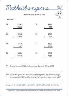 Schriftliche Subtraktion - Mathe Übungen mit Lösungen Grundschule 4. Klasse