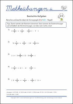 Rechnen mit Brüchen - Gemischte Aufgaben - Mathe-Aufgaben mit Lösungen