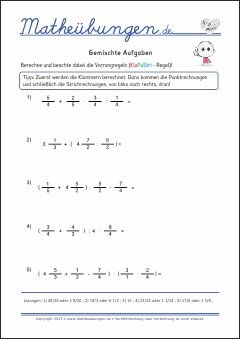 Rechnen mit Brüchen - Gemischte Aufgaben - Mathe-Aufgaben mit Lösungen