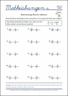 Gleichnamige Brüche addieren - Mathe-Aufgaben mit Lösungen